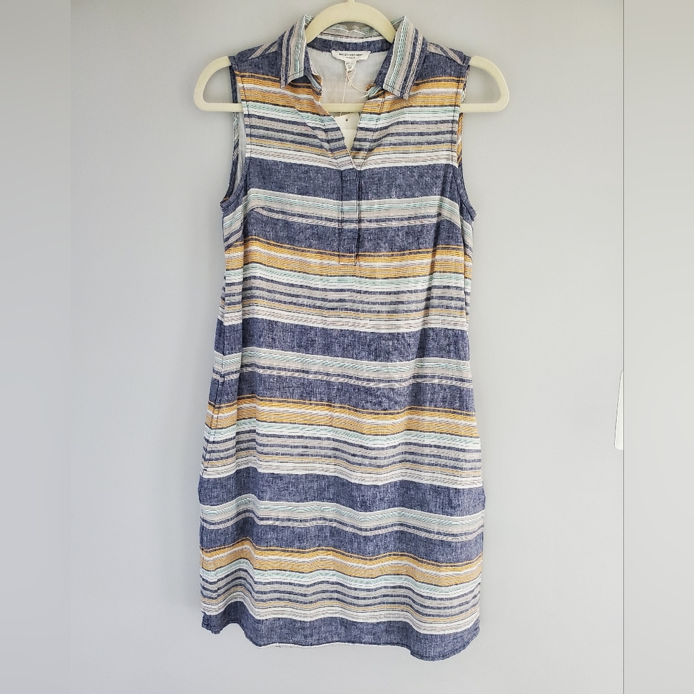 Beachlunchlounge Dress sleeveless linen blend striped pockets Size.XS
